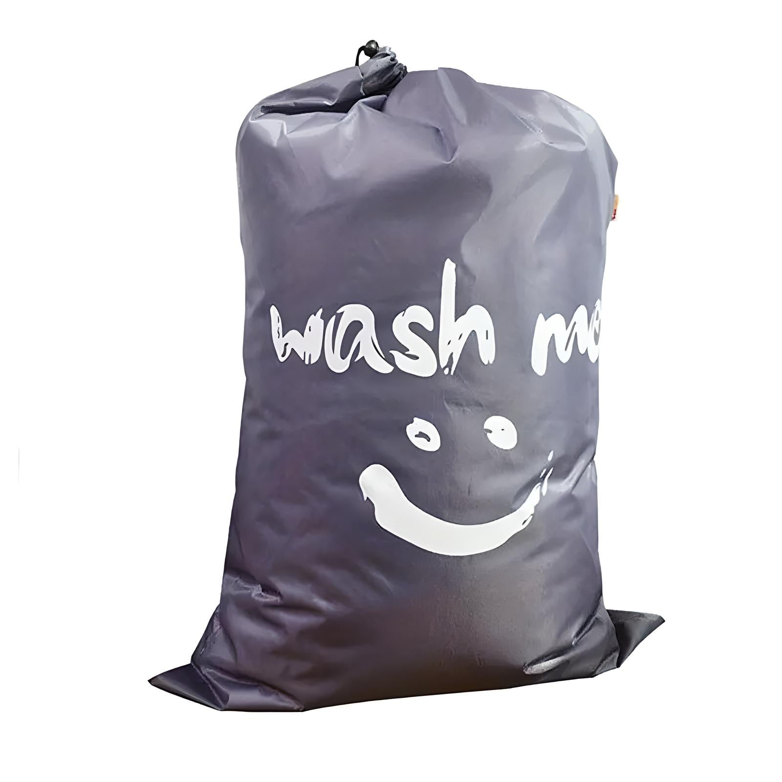 Large waterproof laundry bag with "wash me" text and smiley face design, ideal for travel or gym use. Durable, lightweight, and easy to carry.