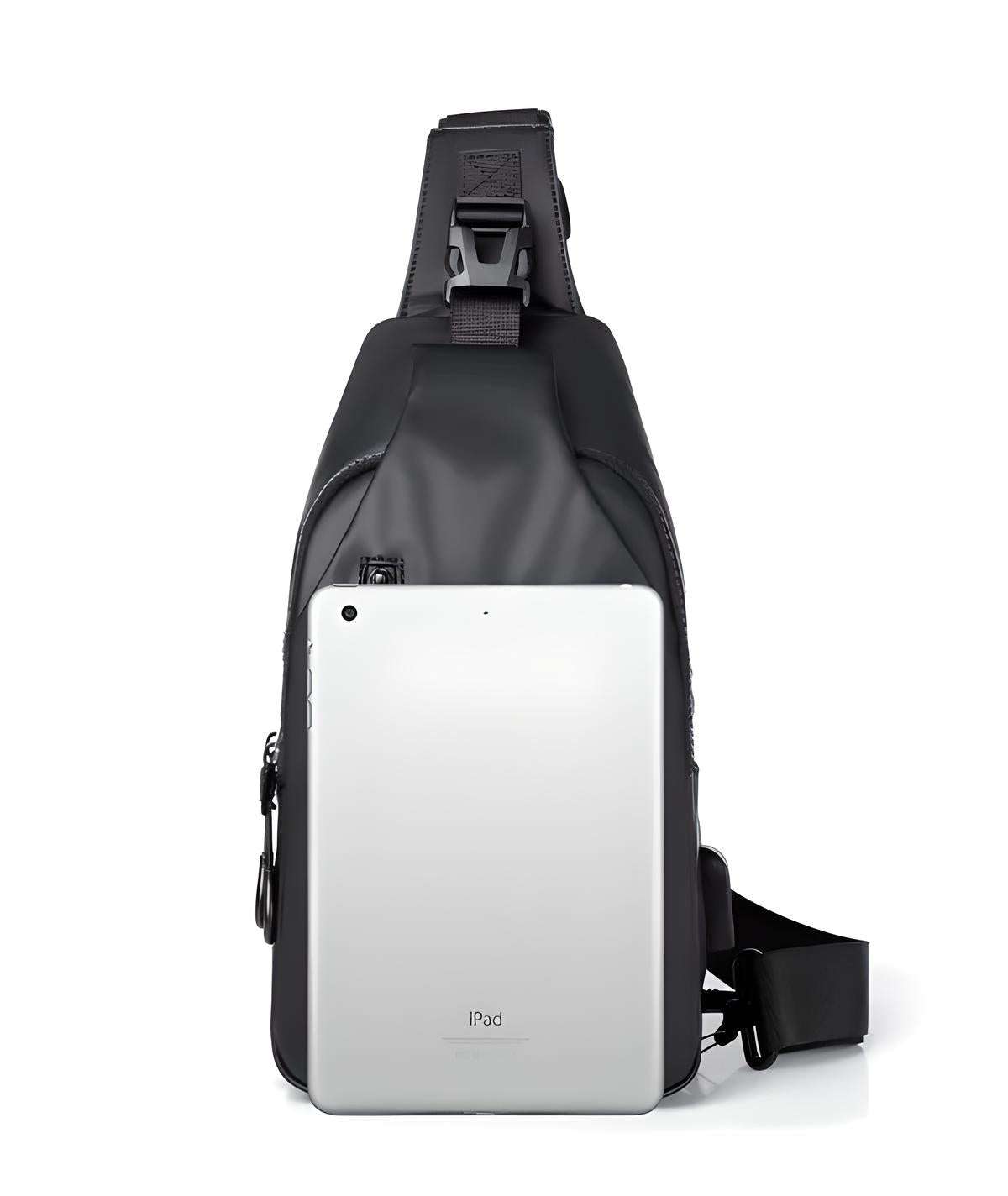 Sleek black crossbody sling bag with adjustable strap, showcasing its capacity by holding a tablet. Ideal for tech-savvy travelers and commuters.