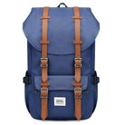 Blue vintage-style backpack with brown leather straps, front flap, and multiple pockets. Ideal for travel, hiking, or school. Durable and stylish design.