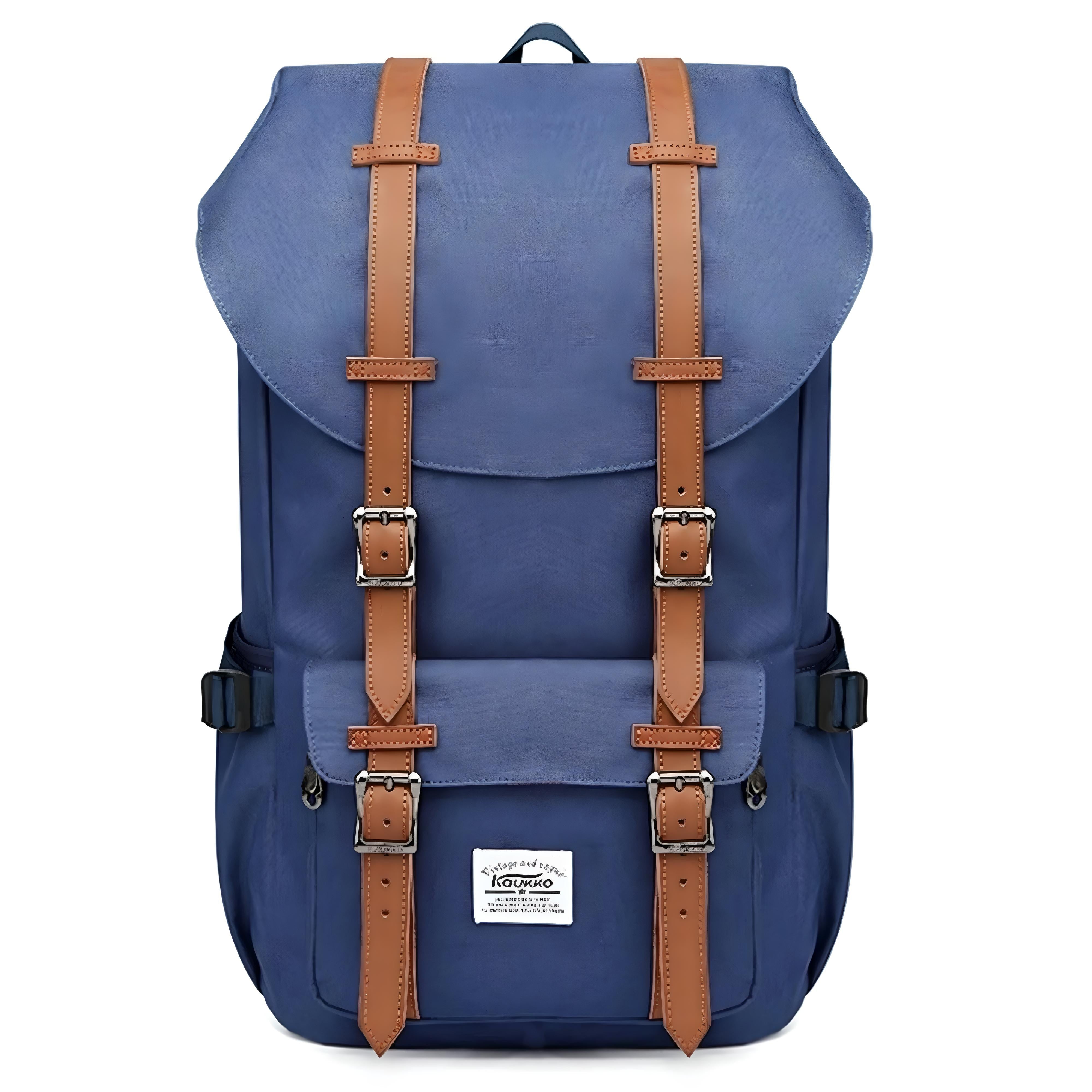 Blue vintage-style backpack with brown leather straps, front flap, and multiple pockets. Ideal for travel, hiking, or school. Durable and stylish design.