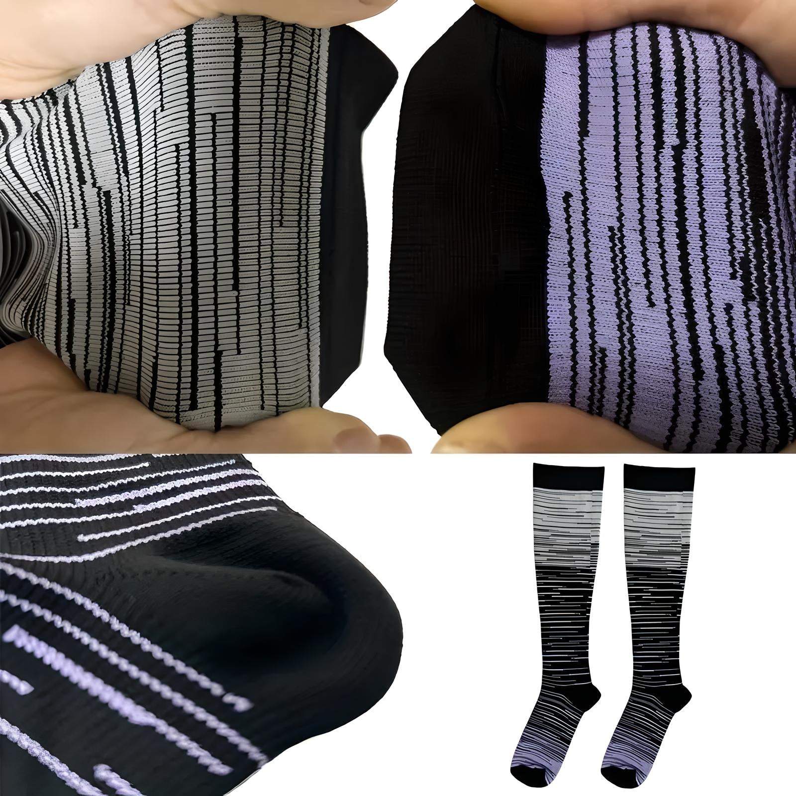 Black and white striped compression socks with purple accents, designed for improved circulation and comfort. Ideal for athletes and travelers.