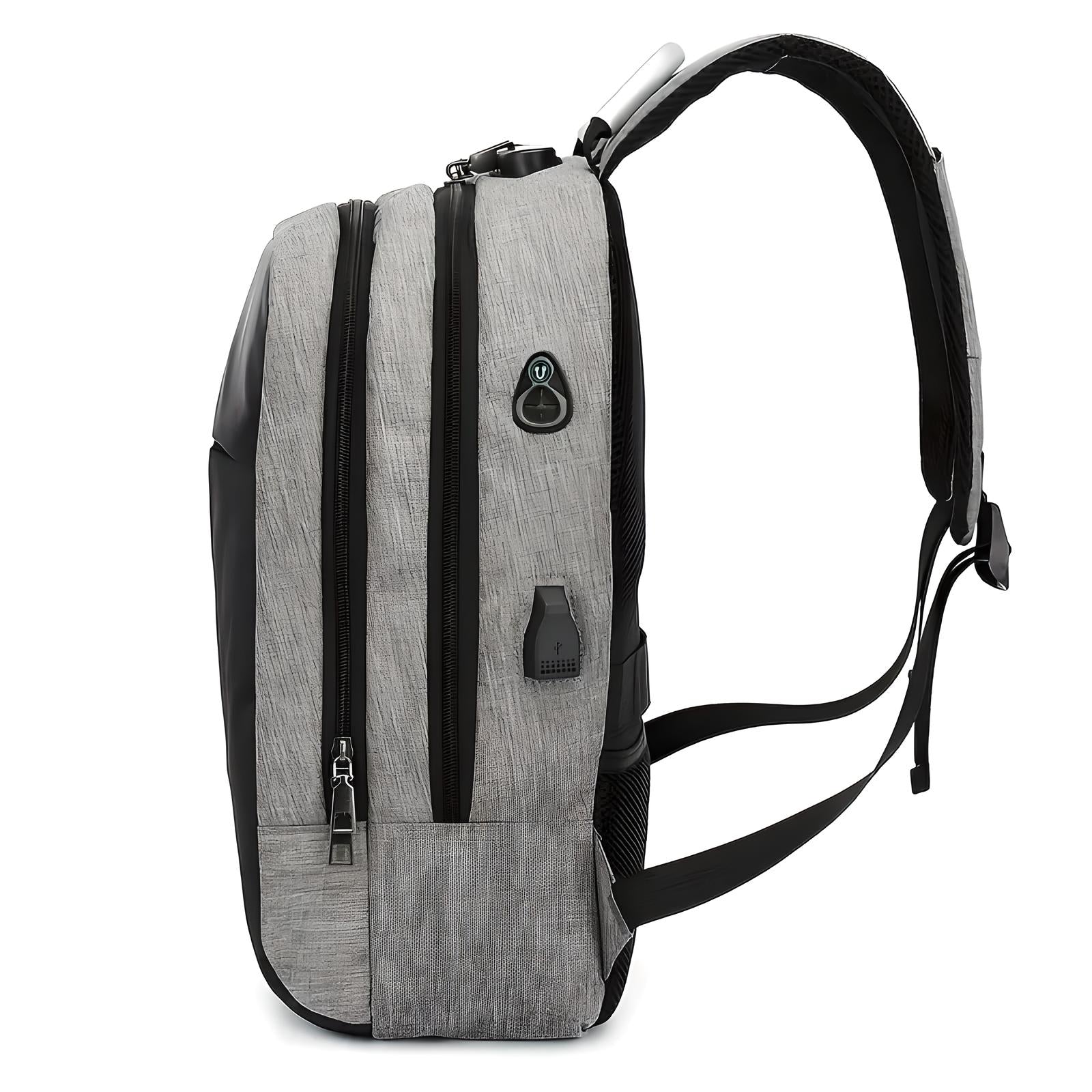 Sleek gray anti-theft backpack with USB charging port, dual zippers, and ergonomic straps. Ideal for travel, school, and tech-savvy commuters.