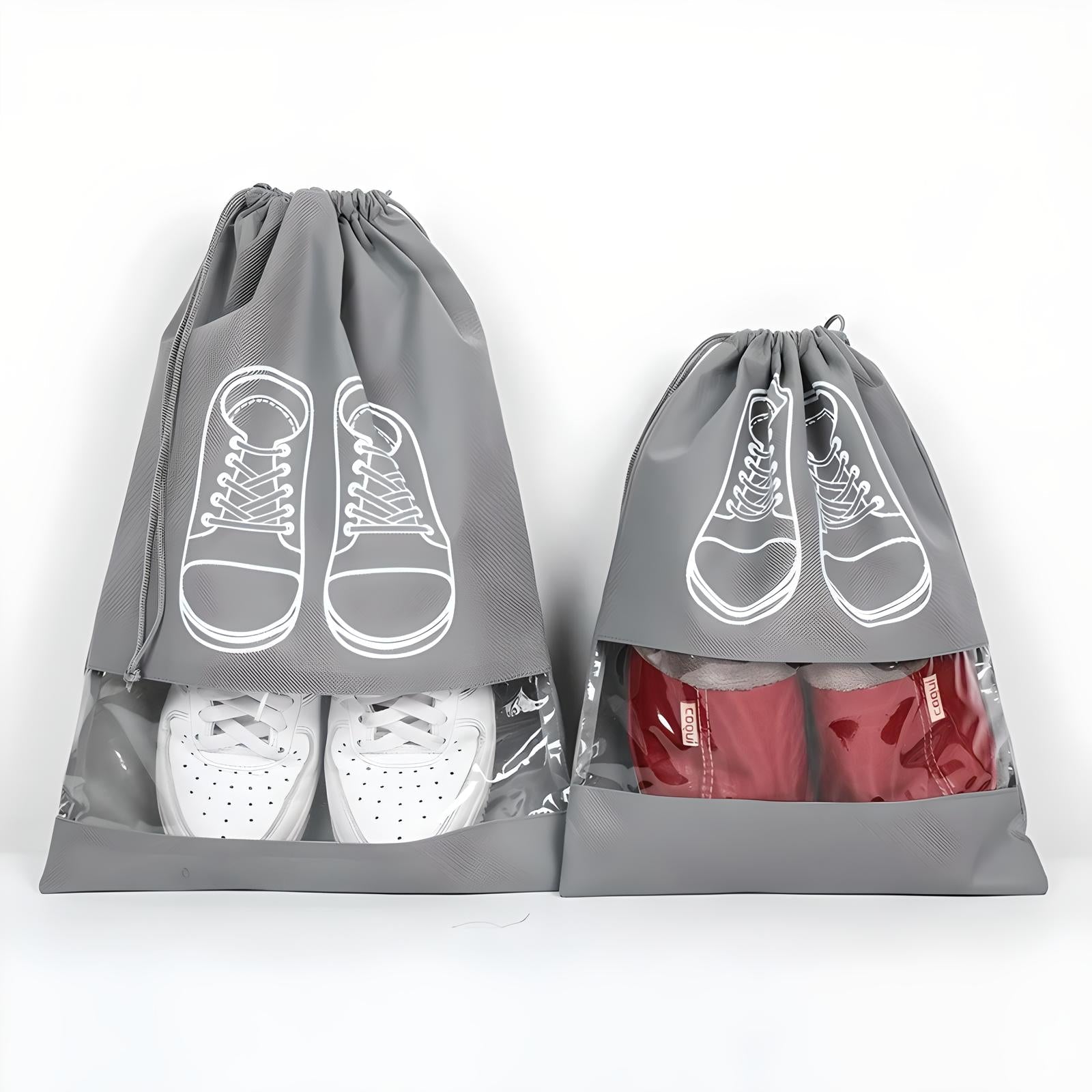 Gray drawstring shoe bags with transparent windows displaying white and red sneakers. Ideal for travel, storage, and organization. Durable and stylish design.