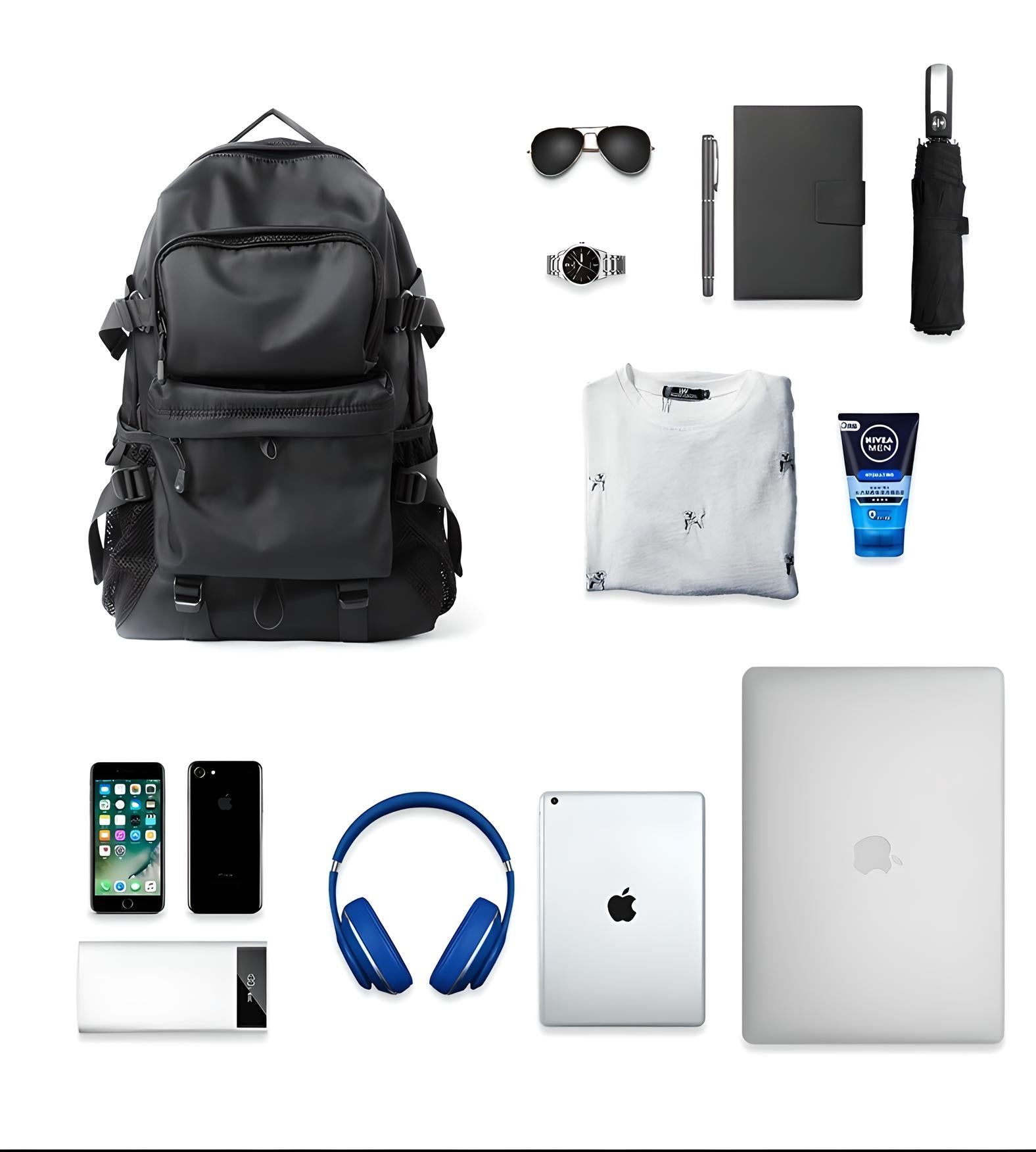 Black backpack surrounded by tech gadgets and accessories: iPhone, headphones, laptop, tablet, watch, sunglasses, notebook, pen, umbrella, and skincare.