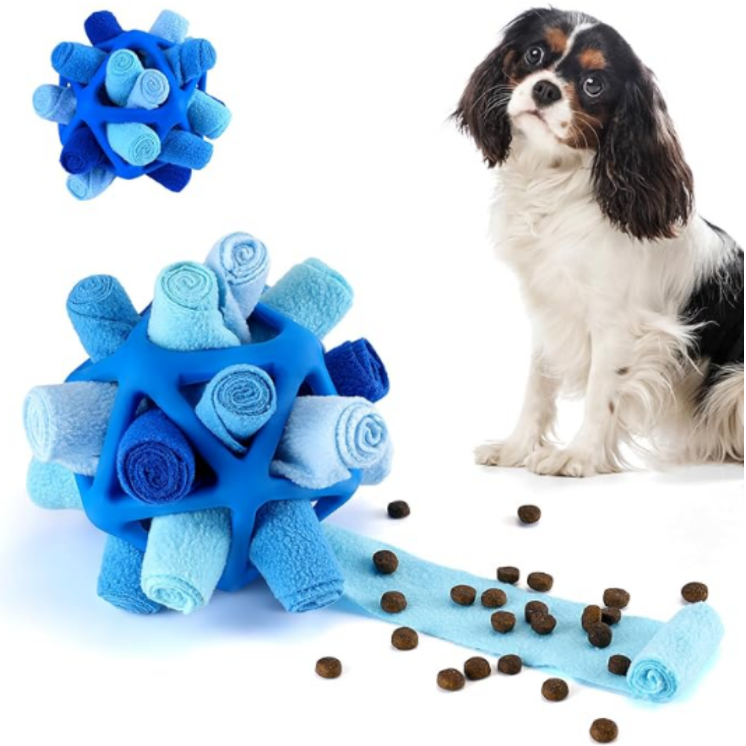 Dog puzzle toy with blue and white fleece rolls, interactive treat dispenser, and a curious dog. Ideal for mental stimulation and pet enrichment.