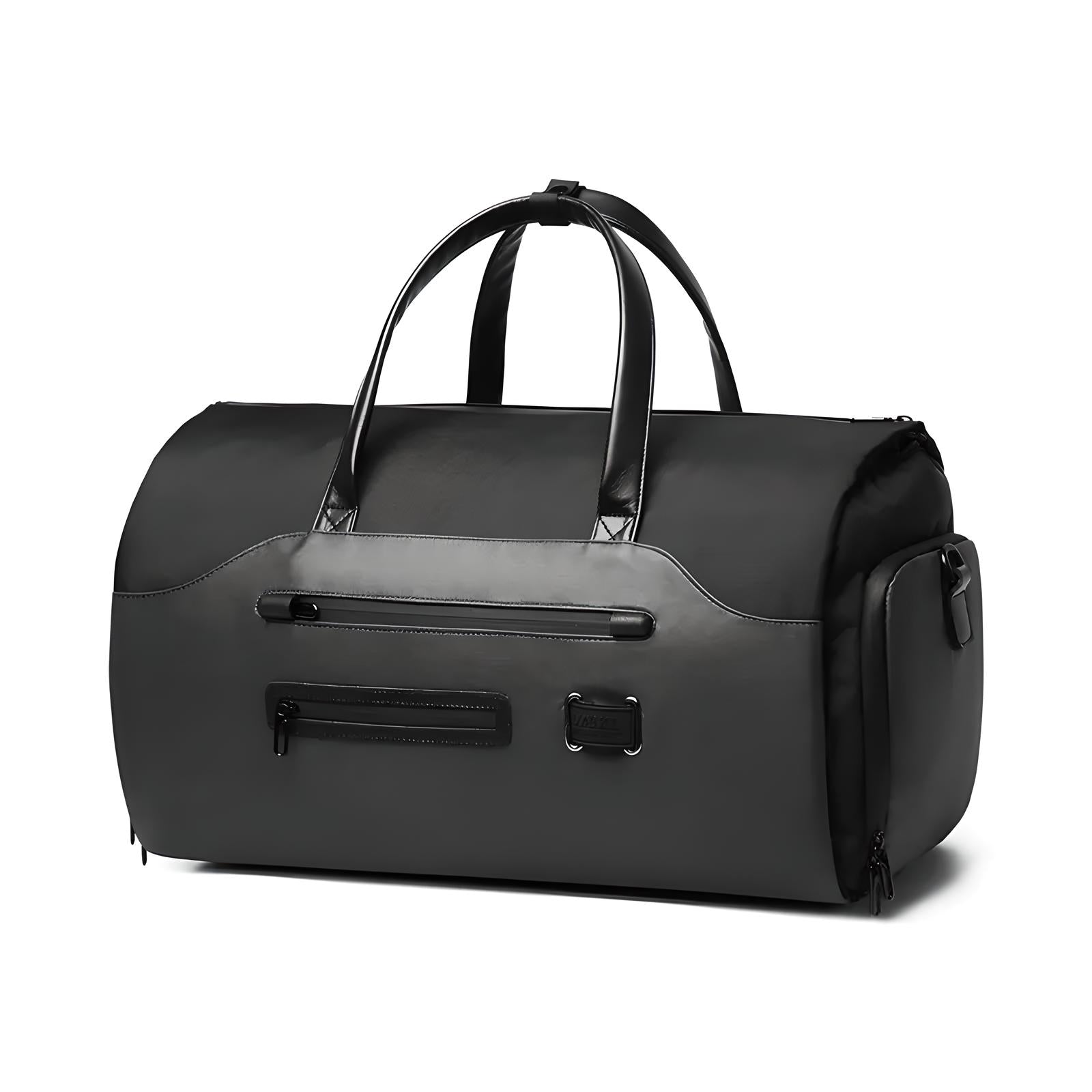 Sleek black leather duffel bag with multiple zippered compartments, durable handles, and modern design. Perfect for travel, gym, or weekend trips.