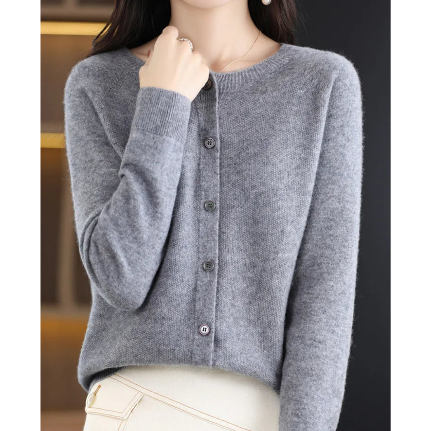 Gray cashmere cardigan sweater, button-up, long sleeves, women's fashion, soft knitwear.