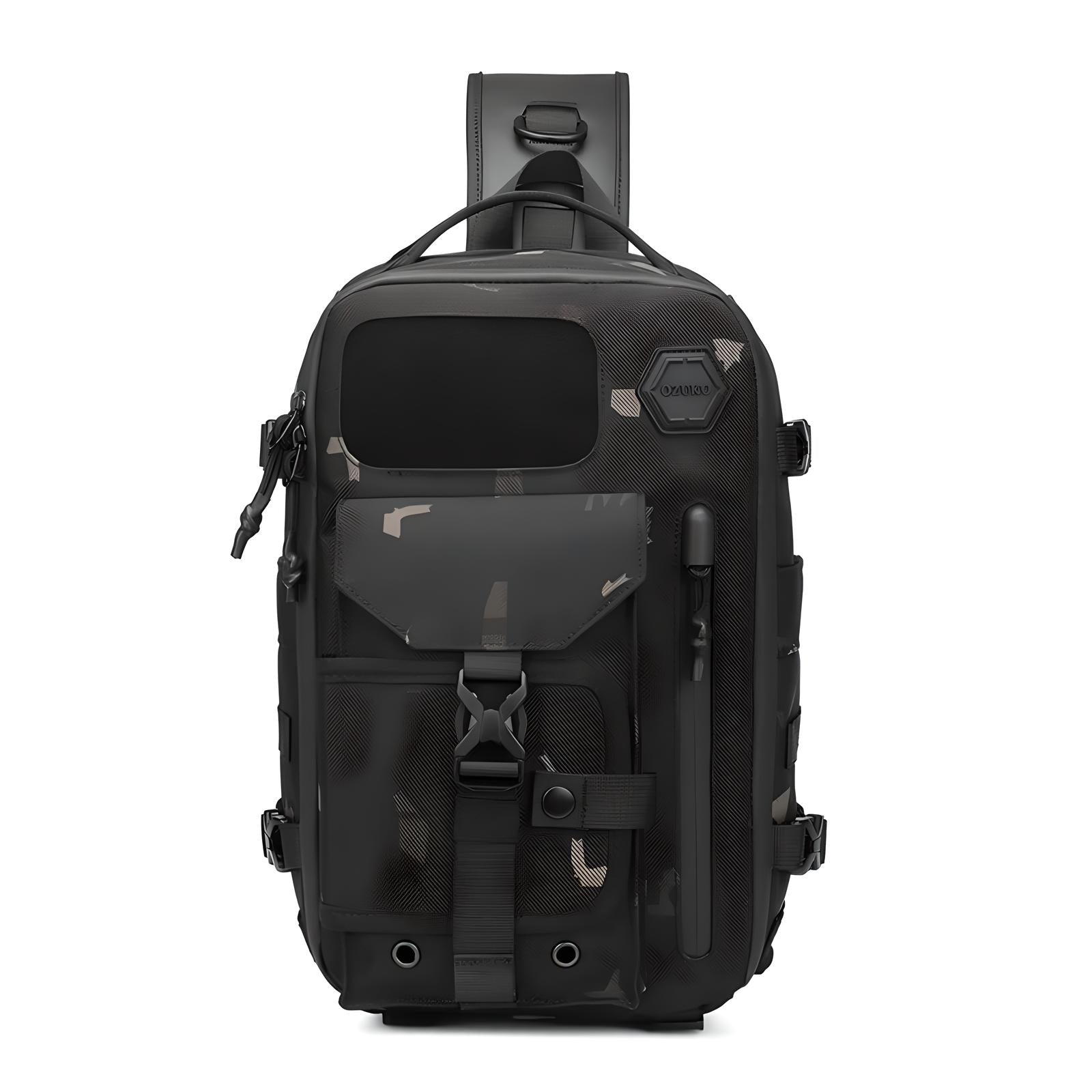 Tactical black camo backpack with multiple compartments, durable straps, and sleek design. Ideal for outdoor adventures, travel, and everyday use.