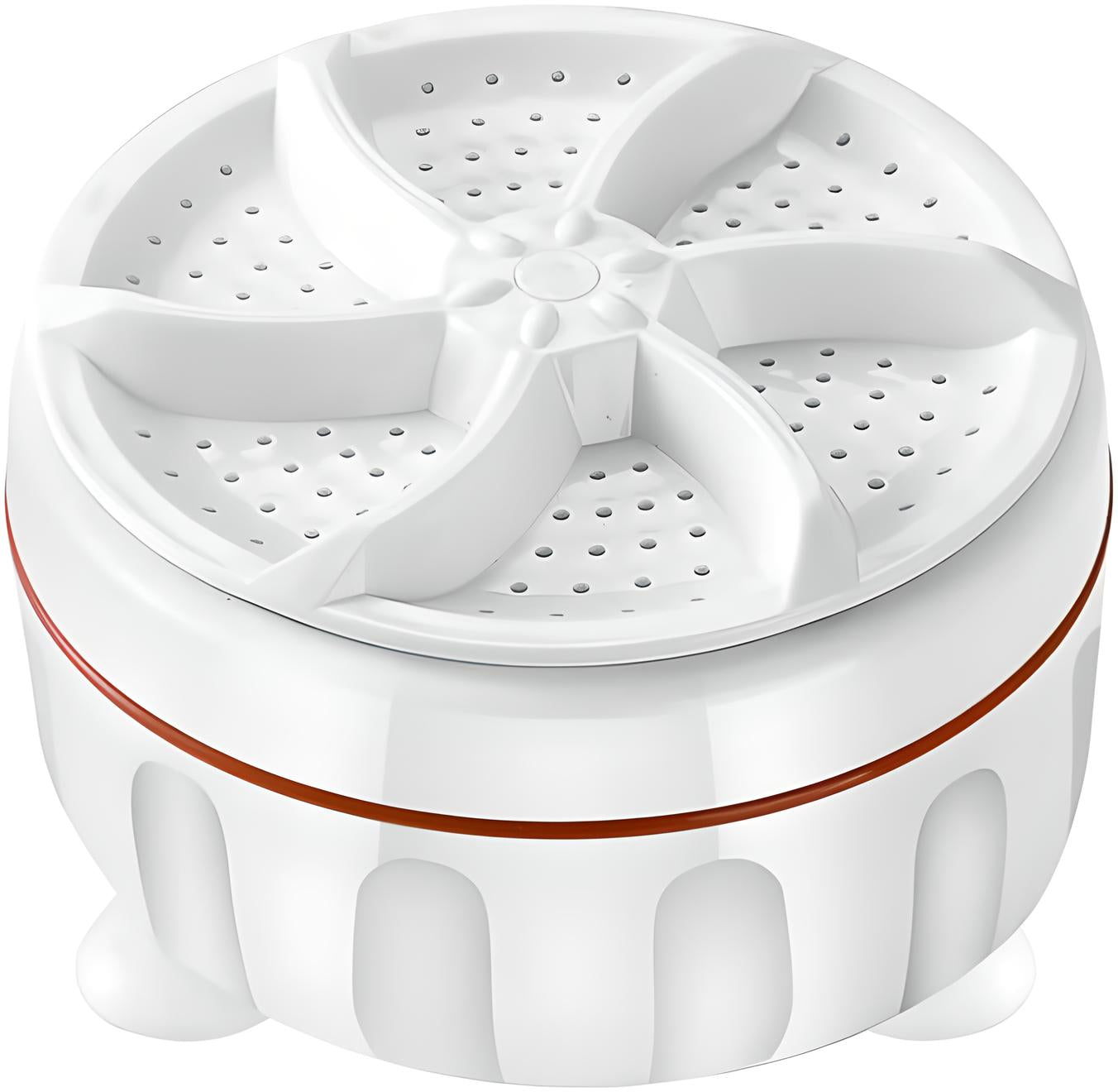 Compact white portable washing machine with a circular design, featuring a perforated lid and six-blade agitator. Ideal for small spaces and travel.