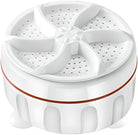 Compact white portable washing machine with a circular design, featuring a perforated lid and six-blade agitator. Ideal for small spaces and travel.