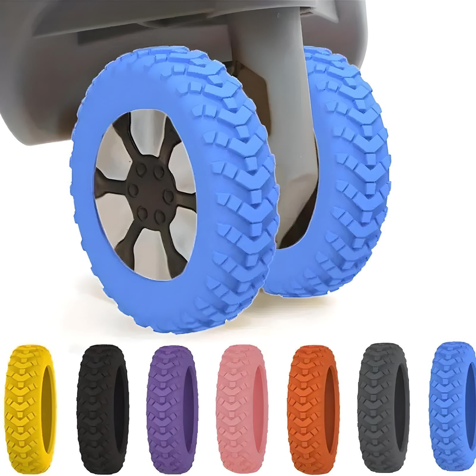 Colorful stroller wheels in various shades, including blue, yellow, black, pink, orange, and red, showcasing durable rubber treads for enhanced traction.