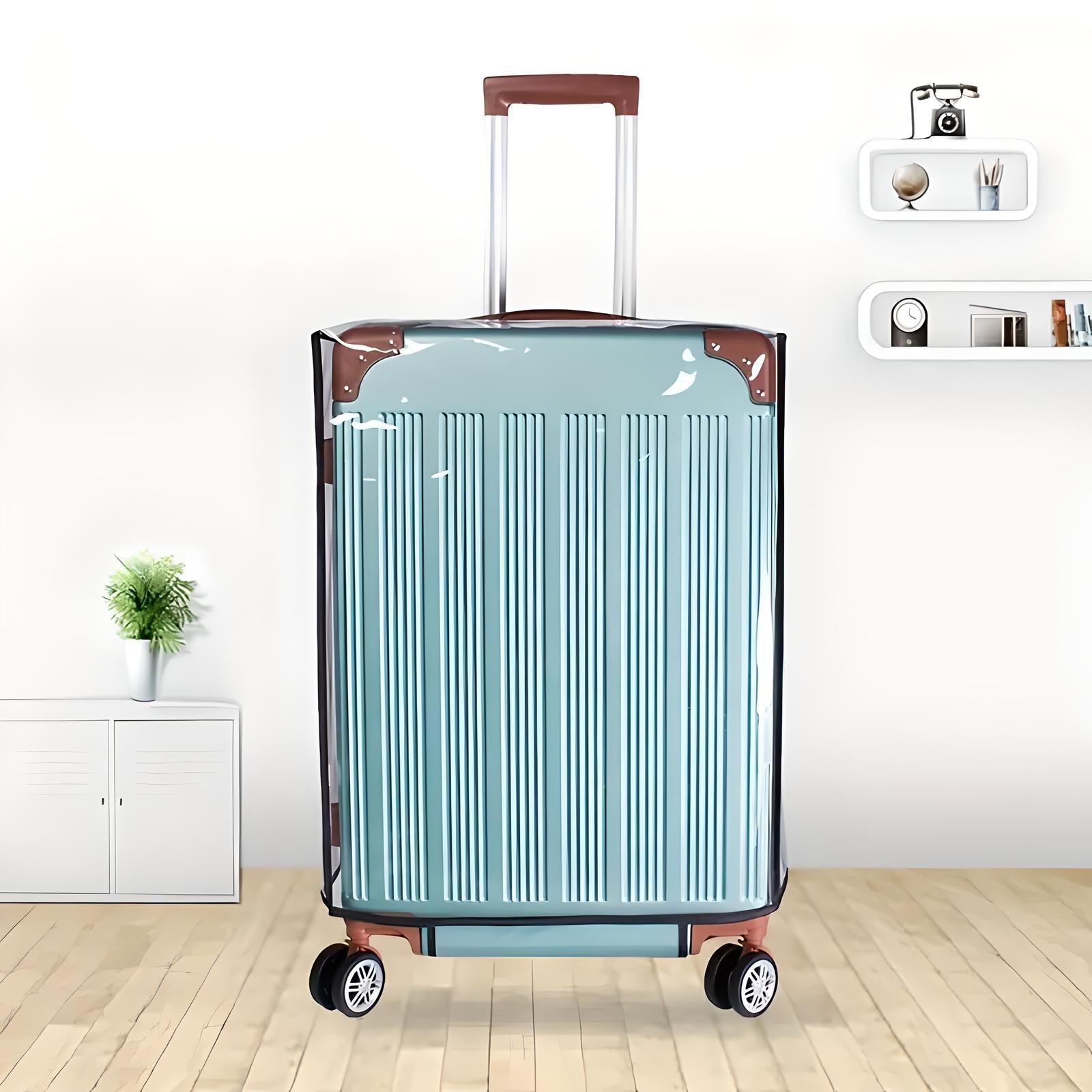 Light blue hard-shell suitcase with brown accents, four wheels, and telescopic handle on wooden floor. Modern travel luggage, durable and stylish design.