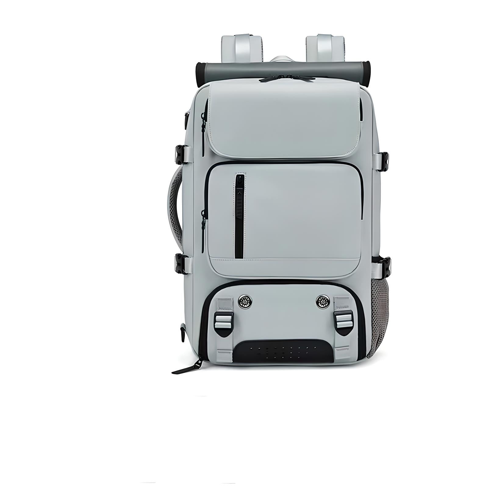 Modern gray travel backpack with multiple compartments, adjustable straps, and side mesh pockets. Ideal for hiking, camping, and outdoor adventures.