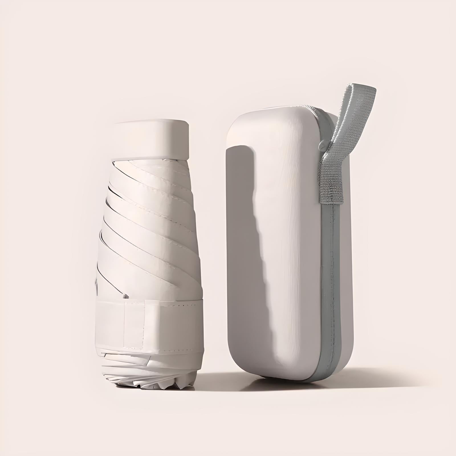 Collapsible white water bottle with protective case, featuring a sleek design and convenient carrying strap. Ideal for travel and outdoor activities.