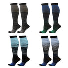 Four pairs of knee-high compression socks with gradient stripe patterns in black, blue, and green tones, ideal for circulation and comfort.