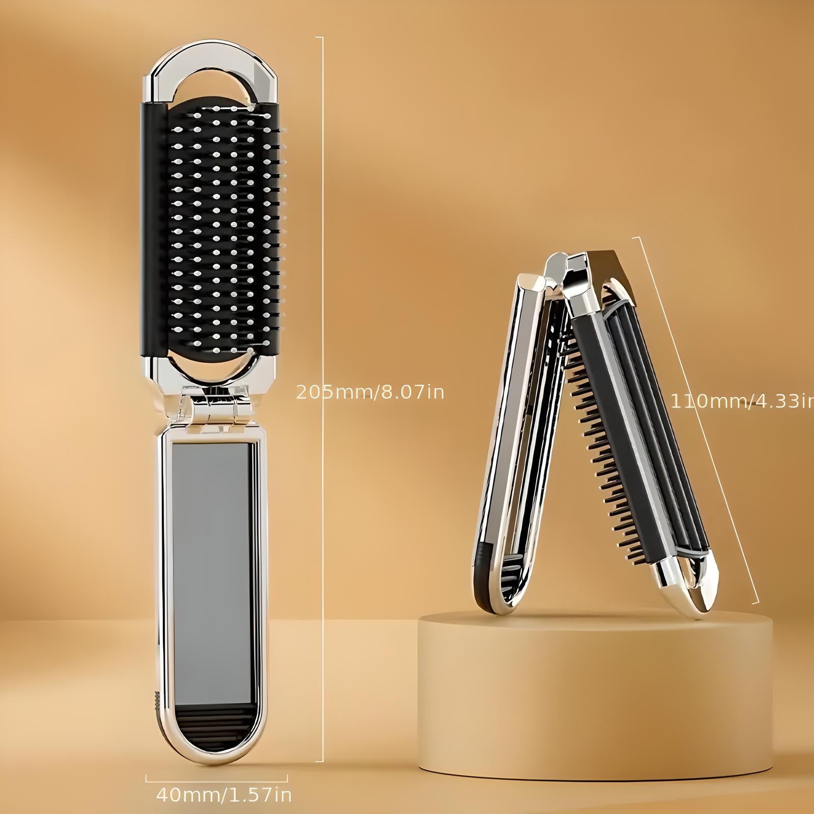 Folding hairbrush with mirror, compact travel design, black and silver, dimensions 205mm x 40mm, ideal for on-the-go grooming and styling.