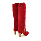 Red suede knee-high boots with side zippers and wooden block heels, stylish women's footwear, perfect for fall fashion and casual wear.