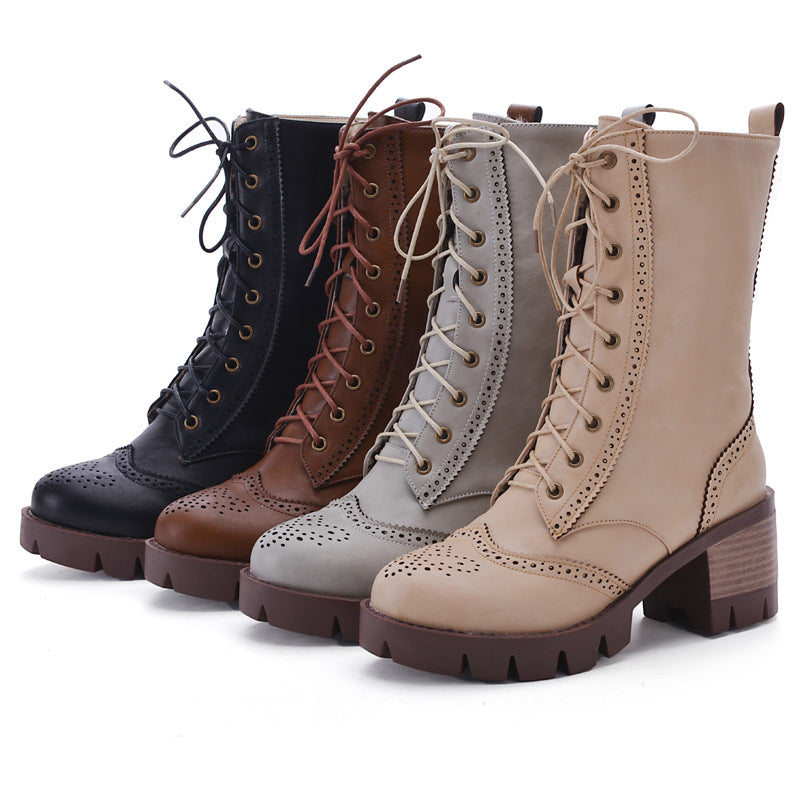 Four pairs of women's lace-up ankle boots in black, brown, gray, and beige with chunky heels and brogue detailing, perfect for fall fashion.