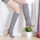 Gray knee-high suede boots with wooden block heels and side zippers, worn by a seated person, next to a small potted plant on a white floor.