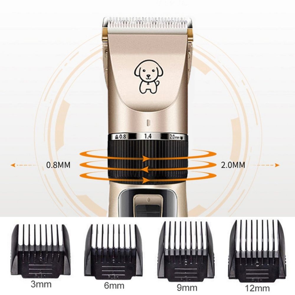 Pet grooming clipper with adjustable blade settings (0.8mm-2.0mm) and four comb attachments (3mm, 6mm, 9mm, 12mm) for precise dog hair trimming.