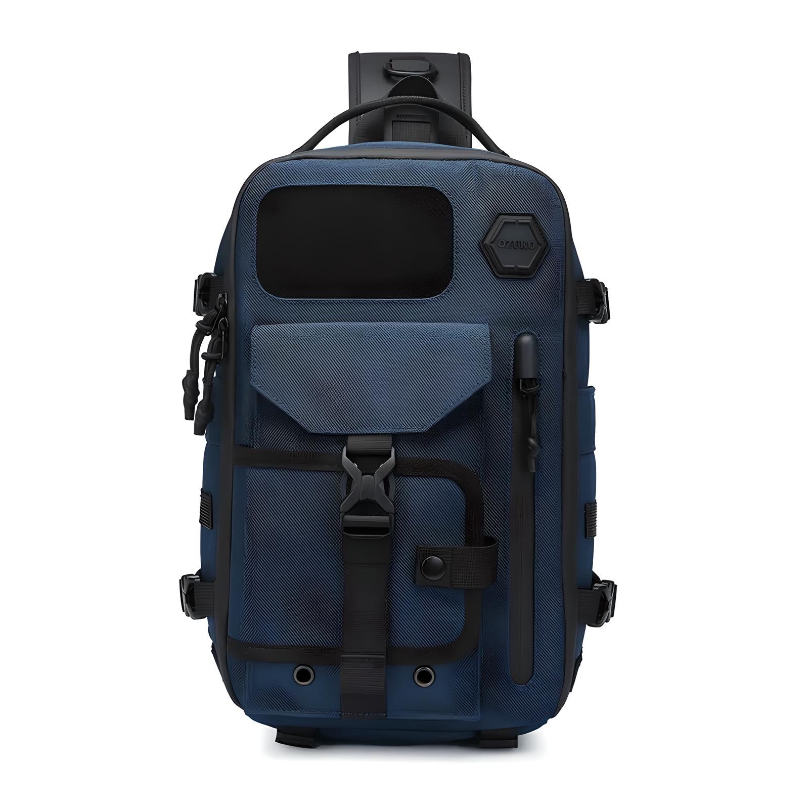 Blue tactical backpack with multiple compartments, durable fabric, and adjustable straps. Ideal for travel, hiking, and outdoor adventures.