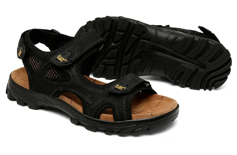 Black leather men's hiking sandals with adjustable straps, durable rubber soles, and breathable mesh design, ideal for outdoor adventures.