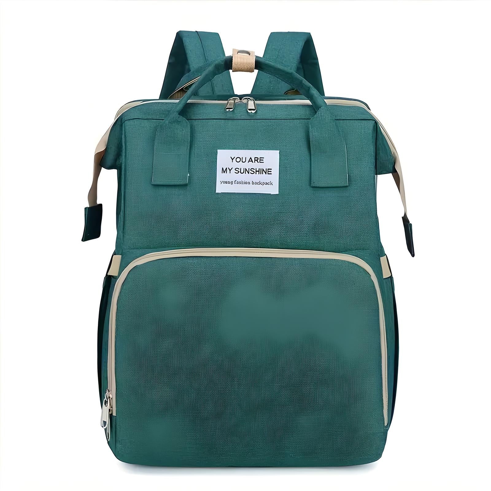 Green backpack with "You Are My Sunshine" label, featuring a large front pocket, adjustable straps, and durable fabric. Ideal for travel and school use.