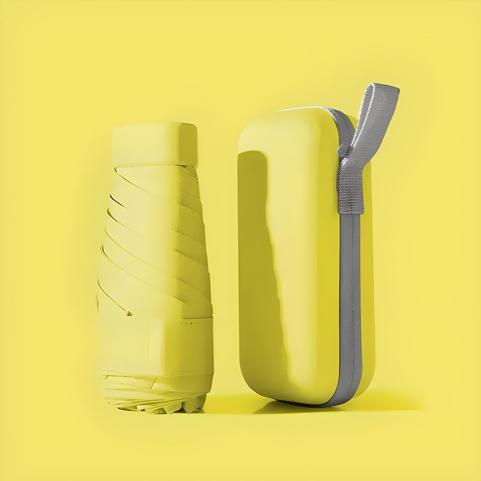 Yellow insulated water bottle and matching carrying case with zipper on a bright yellow background. Stylish, modern hydration accessory set.