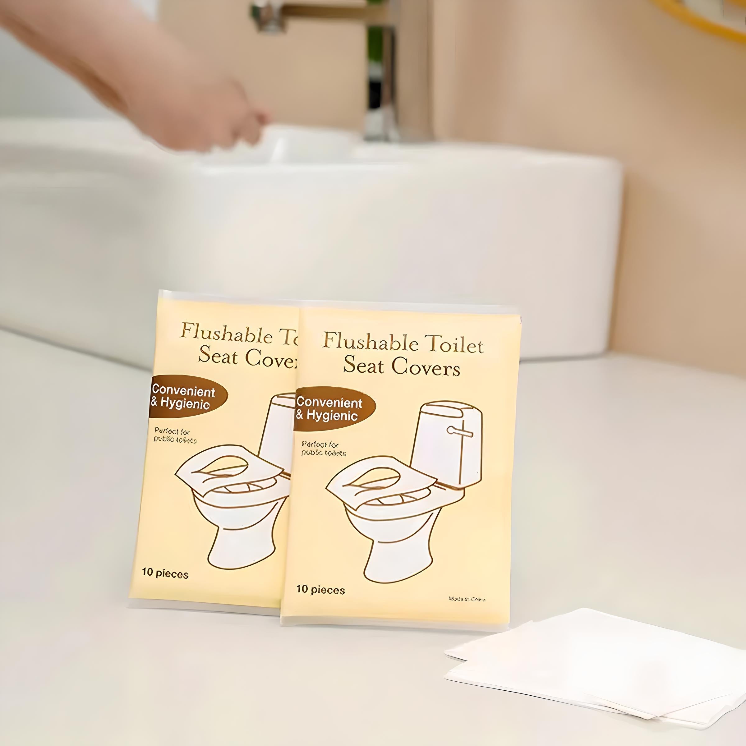 Flushable toilet seat covers in bathroom setting, featuring two packs labeled "Convenient & Hygienic," ideal for public restrooms.