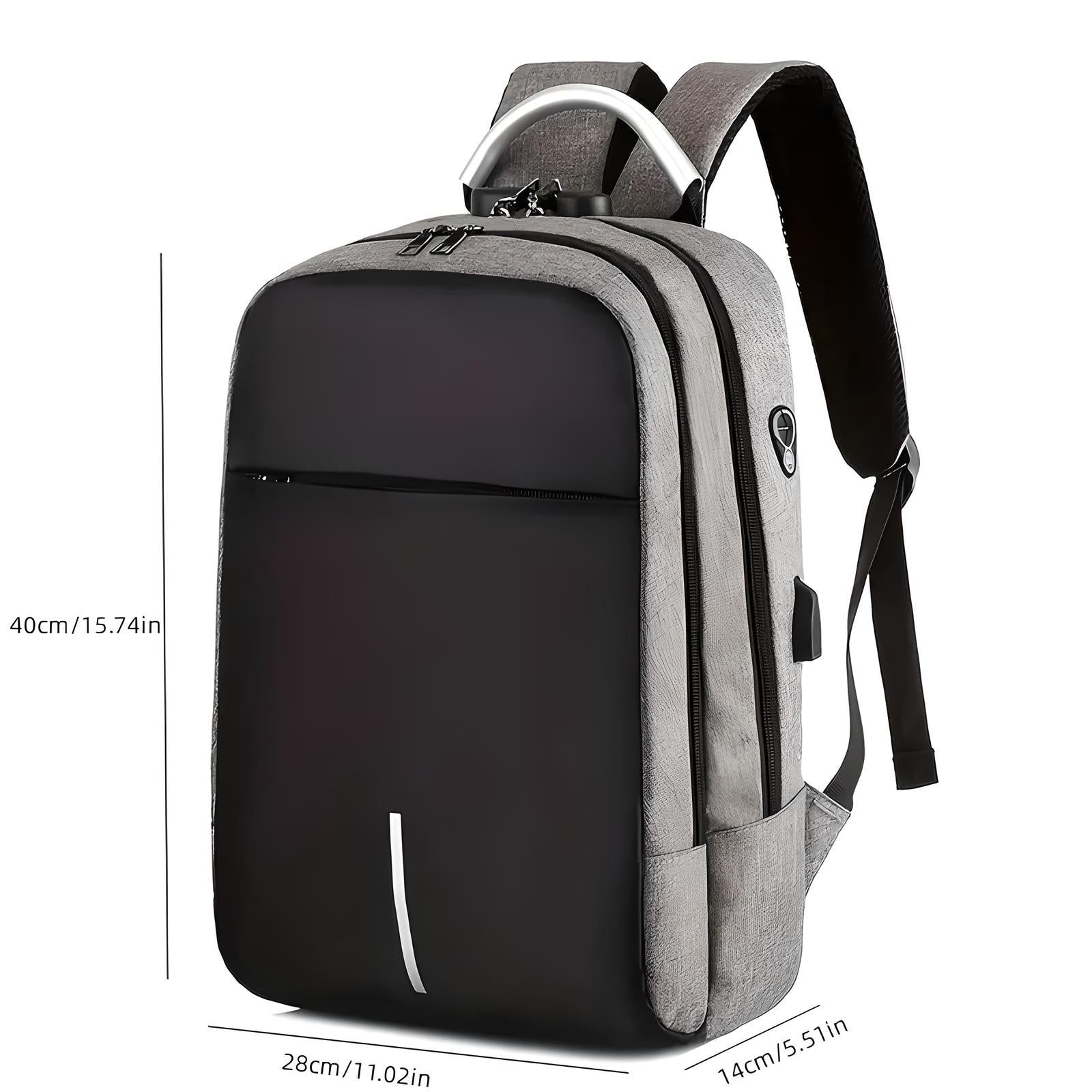 Sleek black and gray anti-theft laptop backpack with USB charging port, ergonomic straps, and spacious compartments. Ideal for travel and work.