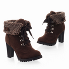 Brown suede ankle boots with faux fur lining, lace-up design, and chunky high heels. Perfect for winter fashion and women's footwear trends.