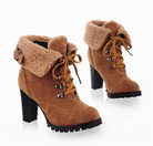 Brown suede high-heeled ankle boots with faux fur lining, lace-up front, and buckle detail. Stylish women's winter footwear for fashion and comfort.