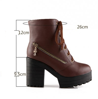 Brown leather high-heeled ankle boot with side zipper and lace-up design, featuring a 9.5cm platform and 26cm height. Fashionable women's footwear.