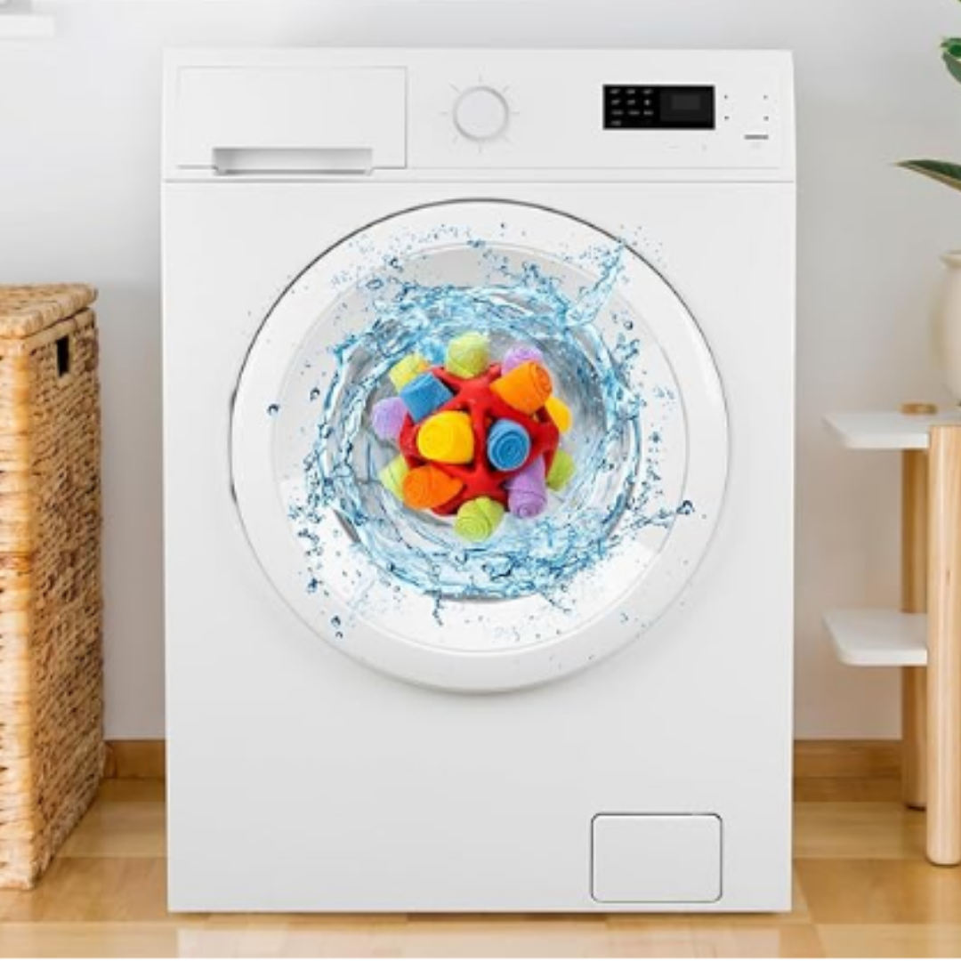 Front-loading washing machine with colorful clothes and water splash effect, modern laundry appliance, energy-efficient washer, home cleaning solution.