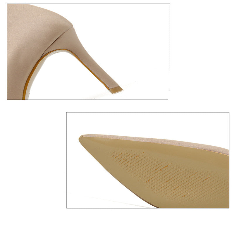 Beige high heel shoe with pointed toe, stiletto heel, and smooth finish. Women's fashion footwear, elegant design, perfect for formal occasions.