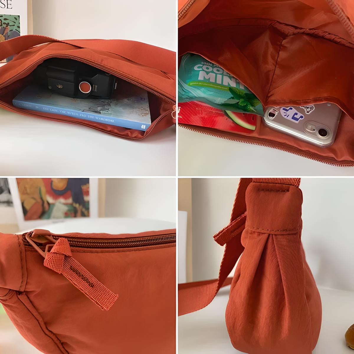 Orange crossbody bag with multiple compartments, showcasing storage for a camera, book, mints, and phone. Ideal for travel and everyday use.