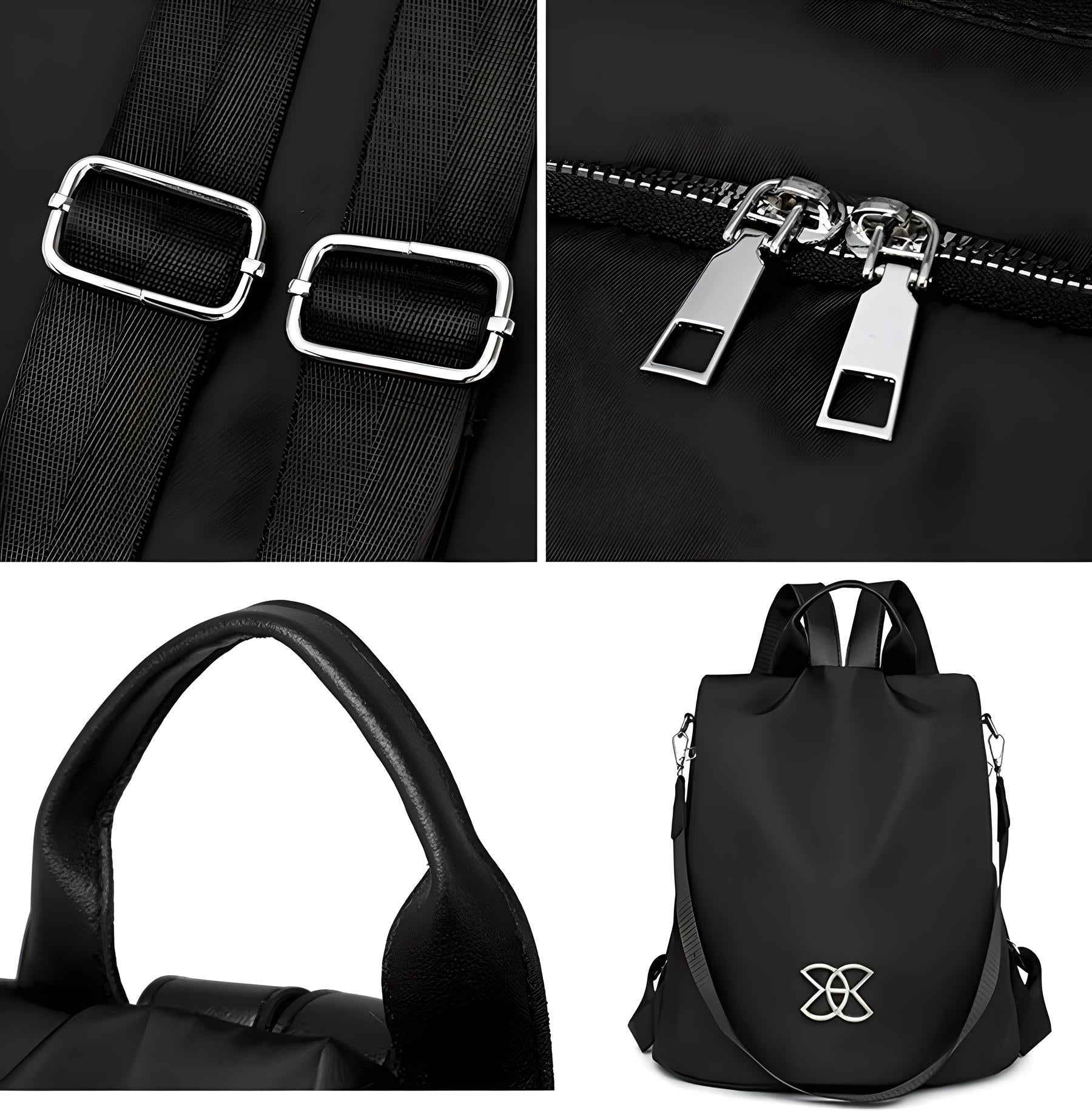 Stylish black backpack with adjustable straps, silver zippers, and leather handle. Modern design, perfect for travel or daily use. High-quality material.