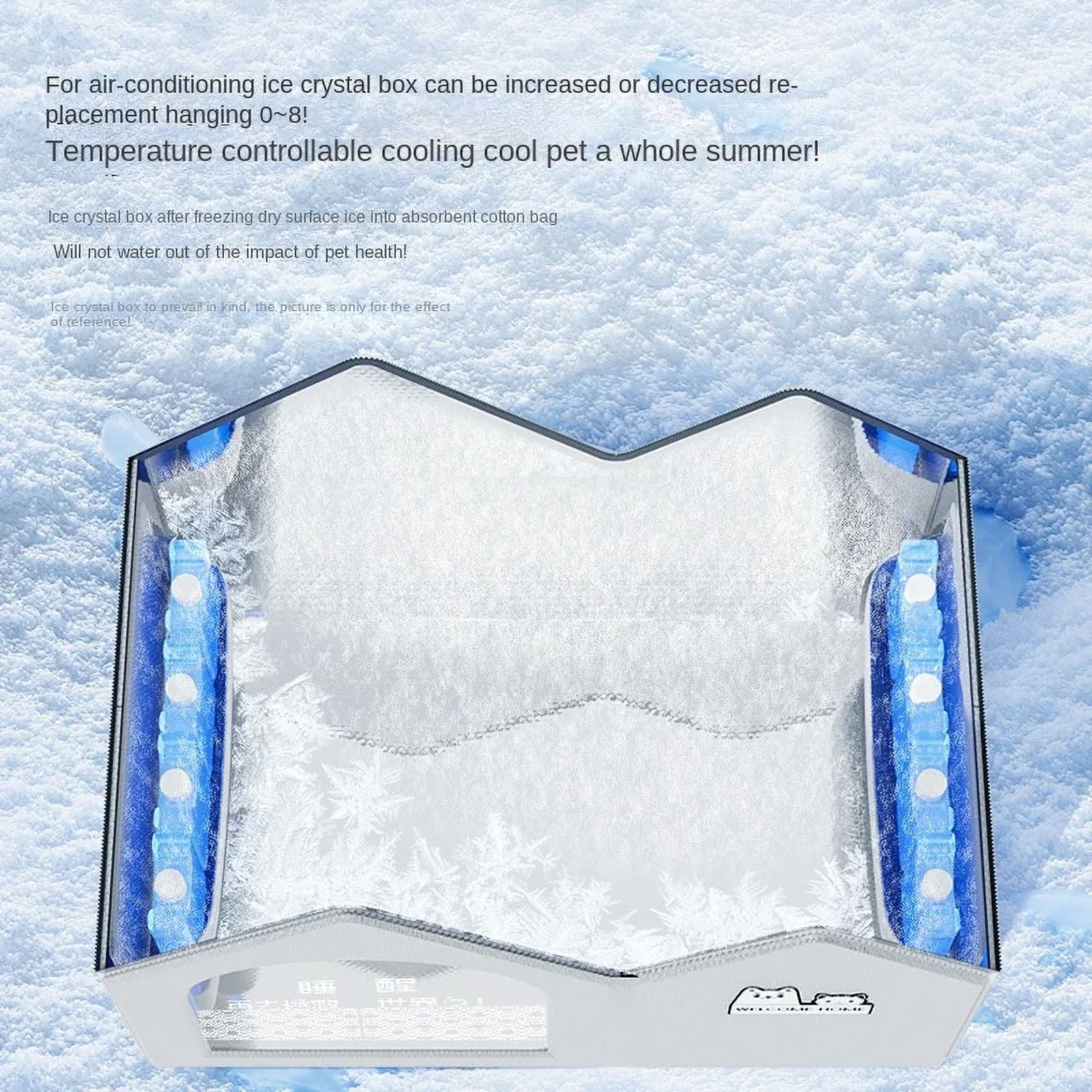 Temperature controllable ice crystal box for pets, featuring dry surface ice, absorbent cotton bag, and adjustable cooling, ideal for summer use.