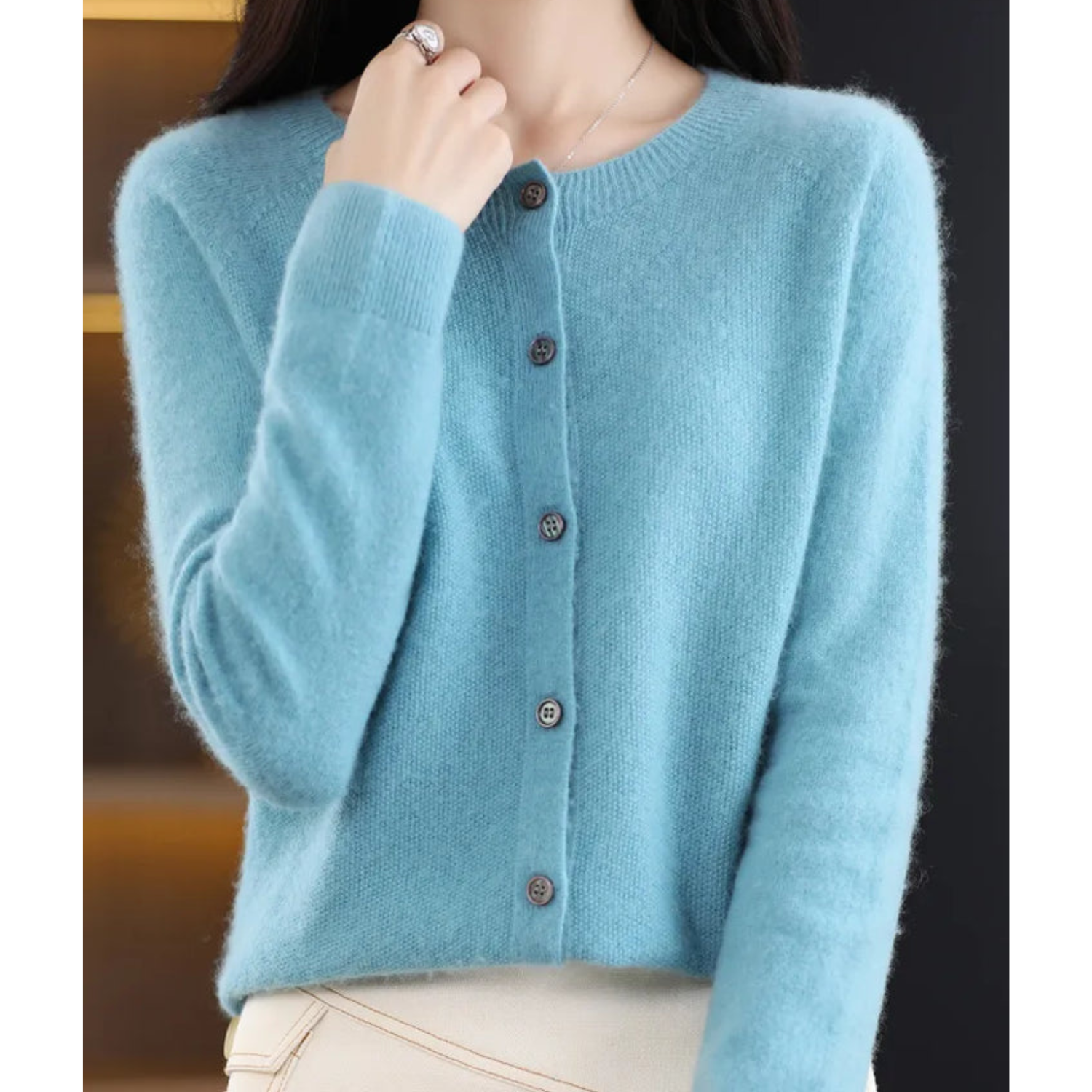 Light blue cashmere cardigan sweater, button-up, women's fashion, soft knitwear.