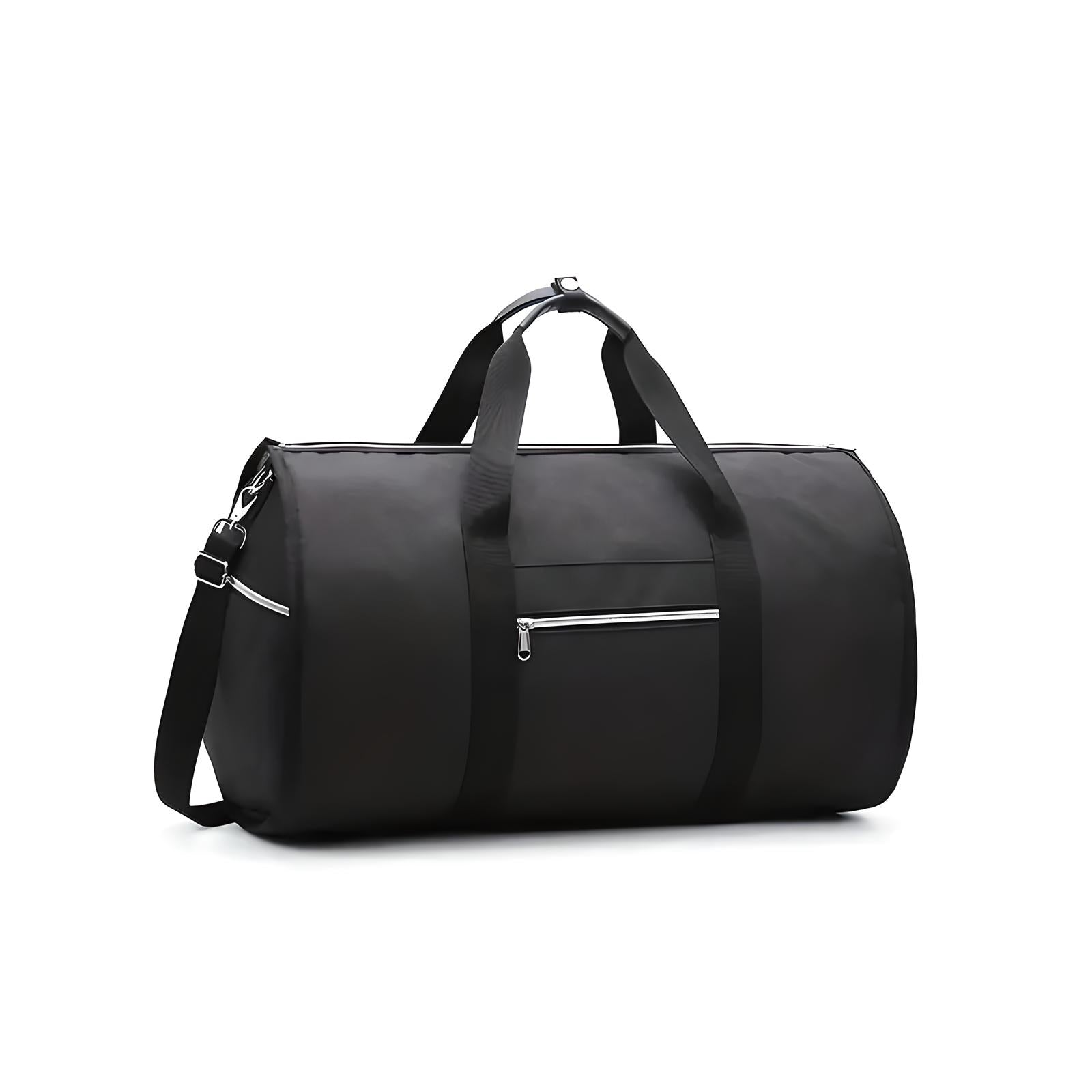 Sleek black duffel bag with adjustable shoulder strap and front zipper pocket, ideal for travel and gym use. Durable, stylish, and spacious design.