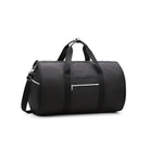 Sleek black duffel bag with adjustable shoulder strap and front zipper pocket, ideal for travel and gym use. Durable, stylish, and spacious design.