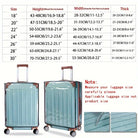 Light blue hard-shell luggage set with telescopic handles and four wheels, featuring size chart for height, width, and thickness. Ideal for travel.