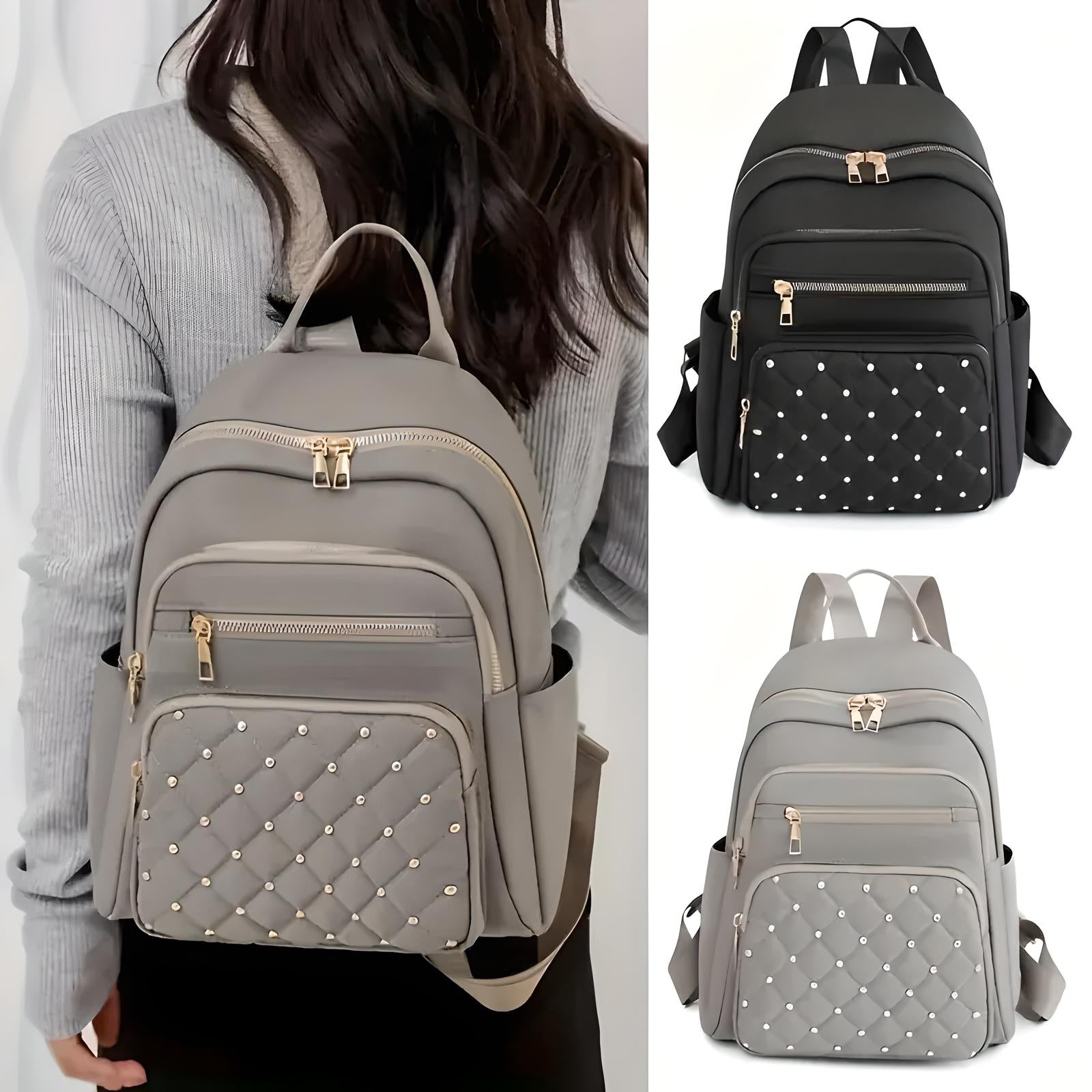 Stylish women's backpack with quilted design, available in gray and black. Features multiple zippered compartments and adjustable straps. Perfect for travel.