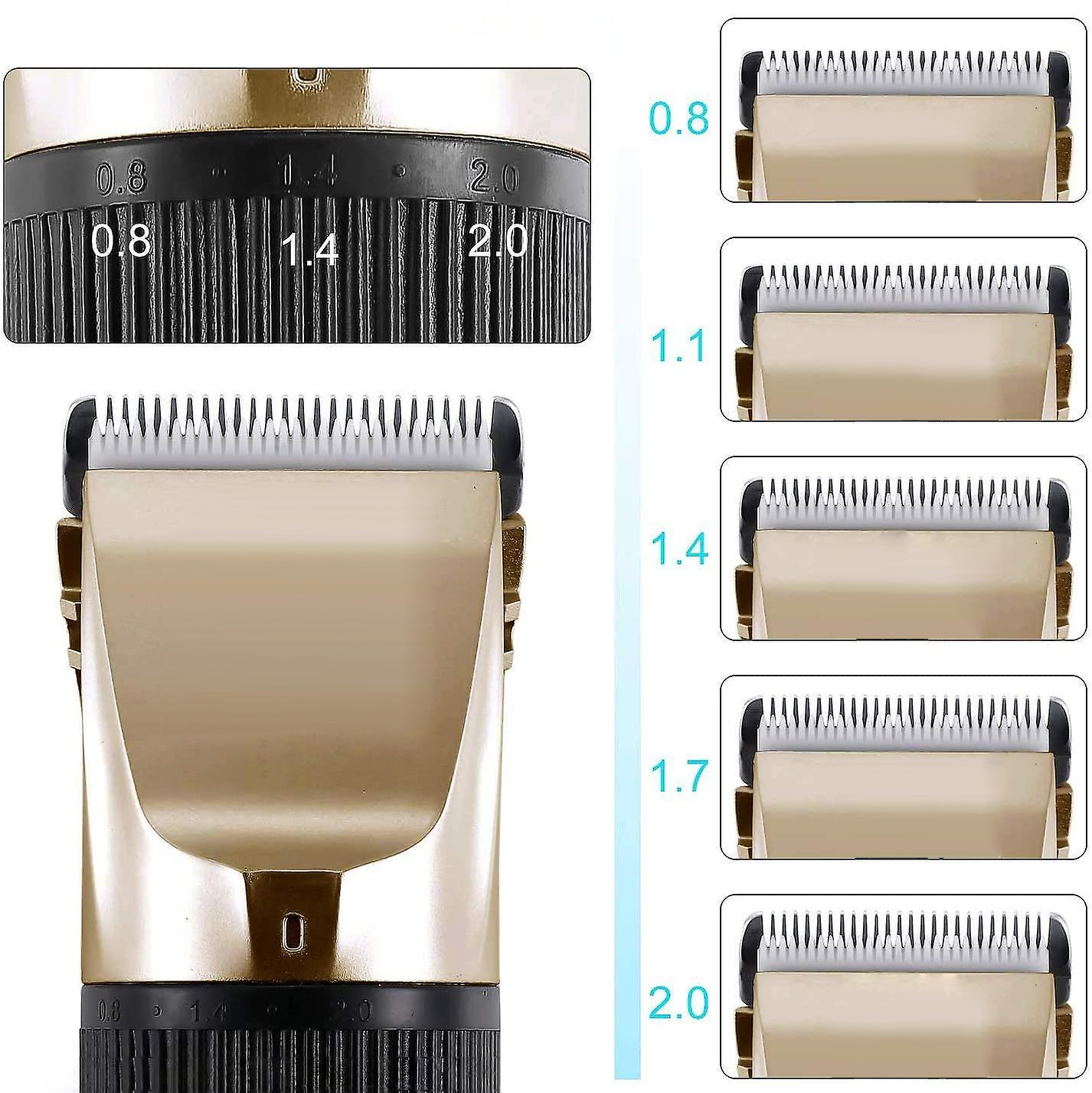 Professional hair clipper with adjustable blade settings from 0.8mm to 2.0mm, ideal for precision grooming and haircuts. High-quality barber tool.