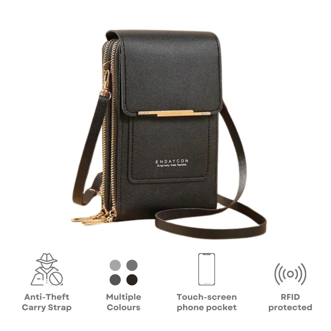 Black leather crossbody phone bag with anti-theft strap, RFID protection, touchscreen phone pocket, and multiple color options. Perfect for travel.