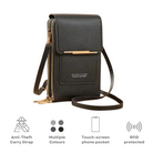 Black leather crossbody phone bag with anti-theft strap, RFID protection, touchscreen phone pocket, and multiple color options. Perfect for travel.