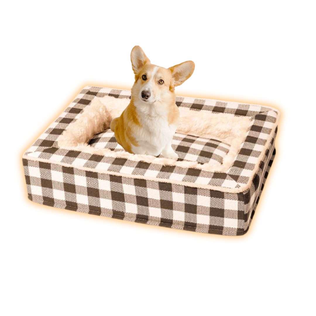 Corgi sitting on a plaid dog bed with soft, plush lining. Perfect pet accessory for comfort and style. Ideal for small to medium-sized dogs.