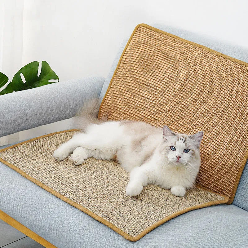 Fluffy white cat lounging on a beige woven scratch mat on a light gray sofa, next to a green monstera leaf. Cozy pet furniture, cat relaxation.