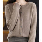 Beige cashmere cardigan sweater with button front, women's fashion, soft knitwear.