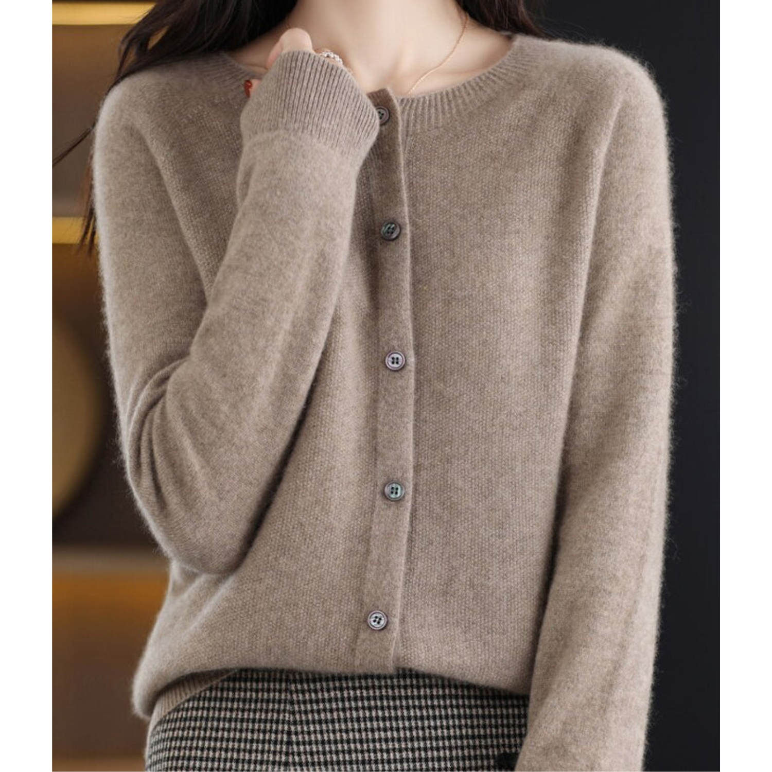 Beige cashmere cardigan sweater with button front, women's fashion, soft knitwear.
